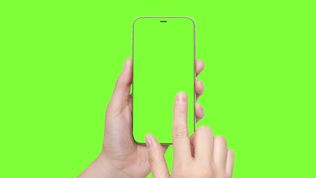 A woman's hand holds a phone chromakey Mockup and the second hand with a finger scrolls. Isolated on chromakey background animation video 4k