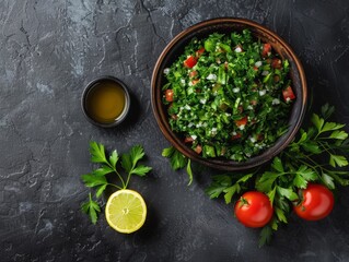 Top view of Lebanese tabbouleh salad with parsley and tomatoes, using the rule of thirds, with ample copy space