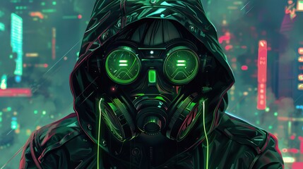 A cyberpunk character wearing green goggles and a hooded jacket, a gas mask with glowing tubes, in front of a futuristic cityscape