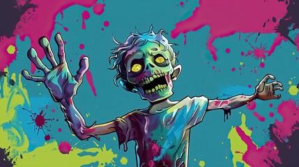 A cartoon zombie waving his hand with a happy expression against colorful splashes of paint in the background