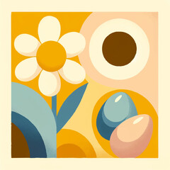 Charming Daisy Delight: A Warm and Cozy Retro Poster Featuring Daisies and Easter Elements - Celebrate with Adorable Chicks, Eggs, and a Bunny in a Vintage Style Illustration