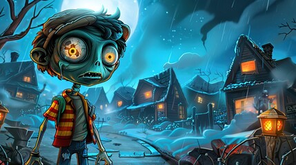 A cartoon zombie boy in an old village, in the style of game art