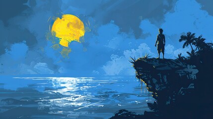 A boy standing on the edge of an island cliff, gazing at a full moon over calm waters.