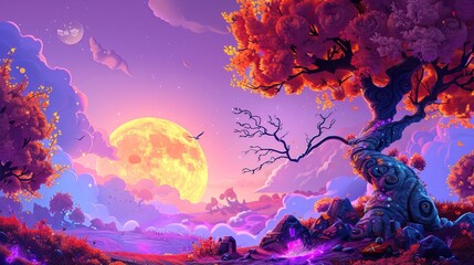 A cartoon fantasy landscape with an alien tree and purple sky, glowing moon in the background
