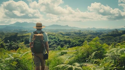 Naklejka premium man with travelers backpack in a large meadow during the day in high resolution and quality
