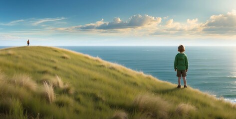 The child is standing on a cliff facing the sea