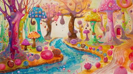 Fototapeta premium A whimsical chocolate river flowing through a magical forest, with candy trees and creatures, Fantasy, Watercolor, Bright and cheerful