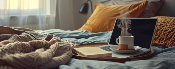 Cozy Bedroom Remote Work Setup with Laptop on Bed Tray, Coffee, and Notebook