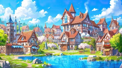 A beautiful medieval fantasy town with many buildings and a small lake in the center