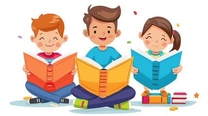 Three children reading books together, in a simple and cute flat design illustration with a white background