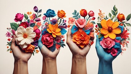 This is an image of a person's hands holding a variety of flowers against a blue background. The flowers are colorful and include roses, tulips, and lilies.

