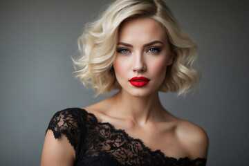 Fototapeta premium Elegant Blonde Woman with Bold Red Lipstick Wearing Black Lace Top in Stylish Portrait