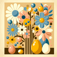 Charming Daisy Delight: A Warm and Cozy Retro Poster Featuring Daisies and Easter Elements - Celebrate with Adorable Chicks, Eggs, and a Bunny in a Vintage Style Illustration
