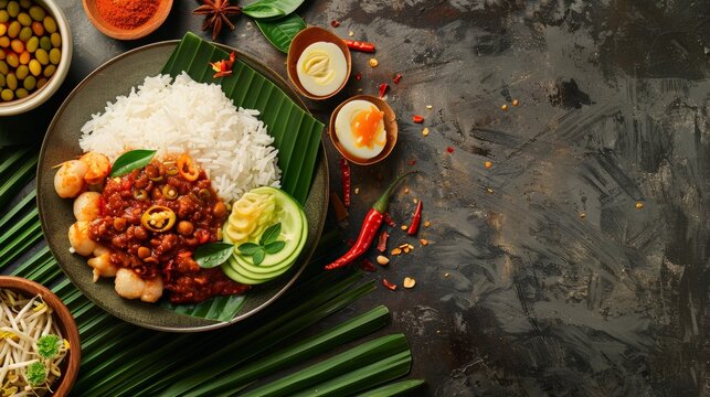 Top view of Malaysian nasi lemak with sambal, using the rule of thirds, with ample copy space