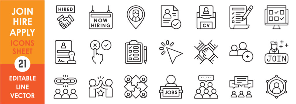 A set of line icons related to hire and join. Application, job, hire, work, appointment, resume and so on. Vector outline icons set.