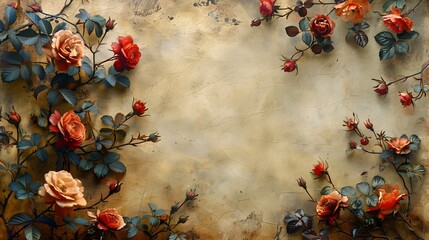 Vintage Floral Bouquet Blooming with Lush Roses and Vibrant Colors on Elegant Textured Background