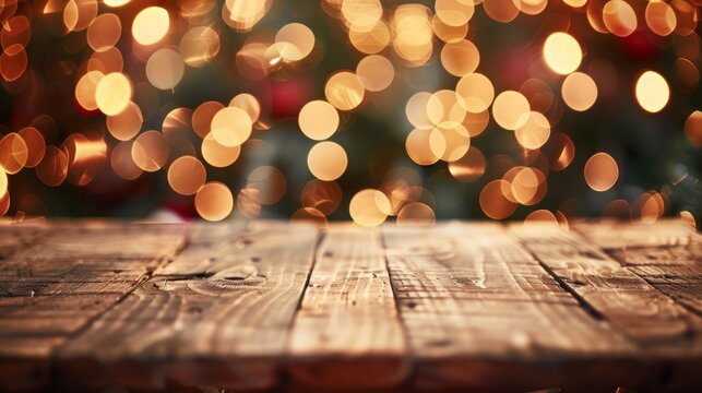 Christmas holiday background with empty wooden deck table over festive bokeh. Ready for product montage