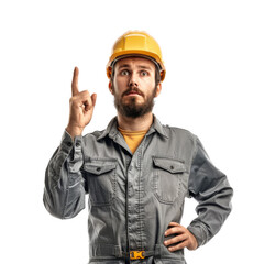A man in a hard hat points his finger up, isolated on transparent background