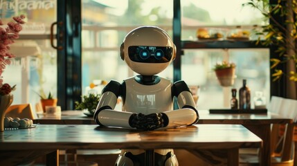 An AI Robot sitting at a table with its arms resting on the table