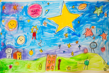 Naklejka premium Drawing of star and city with buildings and stars.