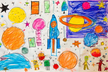 Drawing of rocket ship and other objects on paper.