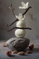 Zen-Inspired Vanilla Ice Cream Arrangement with Natural Elements