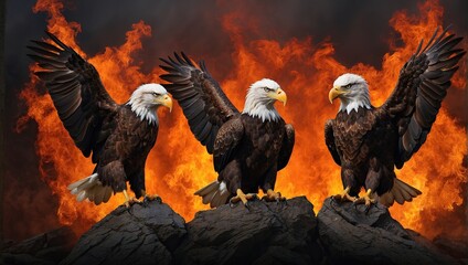 Two bald eagles are perched on a branch in front of a forest fire. The fire is burning brightly behind them.

