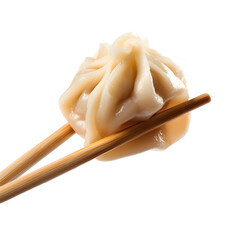 Dumpling on chopsticks isolated on white background
