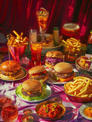 Indulgent Fast Food Feast: A Colorful Spread of Burgers and Fries