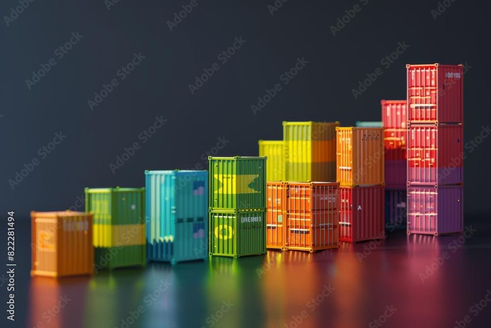 Poster 3d illustration of colorful cargo containers forming a bar graph for growth and data analysis in log