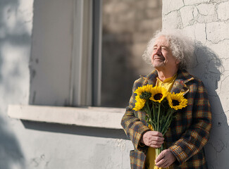 Elderly Man Embracing Spring with Sunflowers