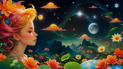 Fantasy Portrait Floral Hair Woman Celestial Bodies Night Sky