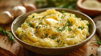comfort food, enjoy a comforting dish of homemade mashed potatoes topped with melting butter and seasoned with freshly ground pepper for a simple and satisfying meal
