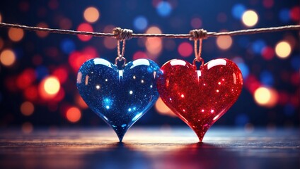 There are two glass hearts hanging from a string against a blurry background of twinkling lights. One heart is red and the other is blue.

