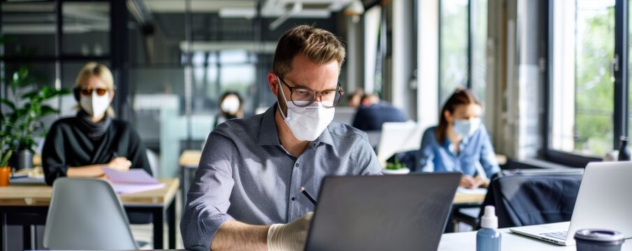 Safe Workplace Practices: Modern Office with Social Distancing, Hand Sanitizers, and Masks for Health and Safety