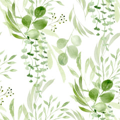 Greenery watercolor seamless pattern. Foliage arrangement. Watercolor green leaves on white.