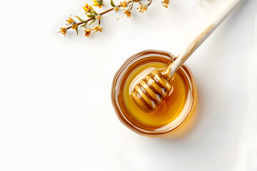 Fototapeta premium Wooden dipper stick with honey top view isolated on white background