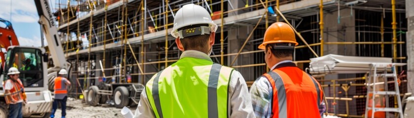Construction Site Safety Measures - Workers in Hard Hats and Protective Gear