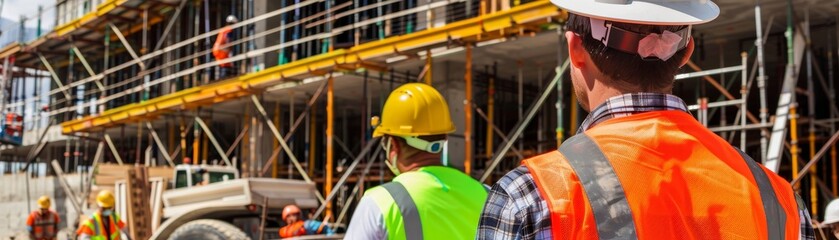 Safety First: Construction Site Workers Demonstrating Adherence to Regulations with Hard Hats and Safety Gear