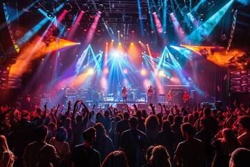 Energetic Crowd Enjoying a Live Concert with Colorful Stage Lighting