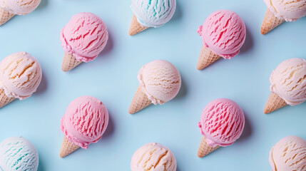 assorted pastel ice cream scoops in crispy cones arranged in a pattern on a  soft blue  background