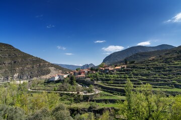 view of the picturesque little village of Peroblasco in the mountains of eastern La Rioja