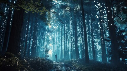 Obraz premium The path leads you through a mysterious forest of encrypted data where every tree holds the potential for hidden treasure in the form of unseen digital assets.