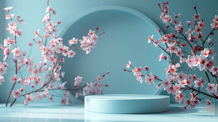 Blue pastel podium with cherry blossom flowers on blue background.