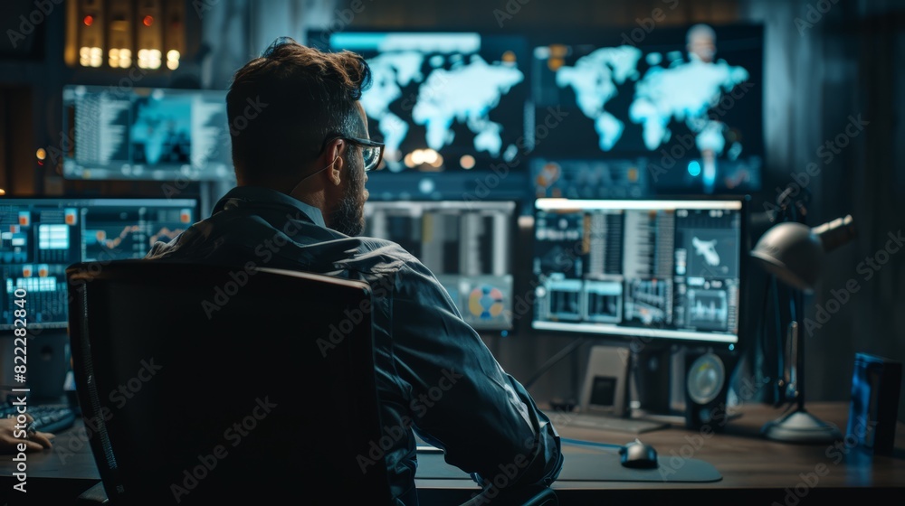 Poster a malevolent hacker in a dark room is using his computer to launch a cyber attack.