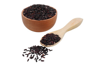 a cup of black rice grains with a wooden spoon isolated transparent