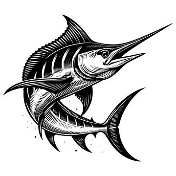recommend clip art: sailfish blue marlin fish sketch engraving generative ai fictional character PNG illustration. Scratch board imitation. Black and white image.