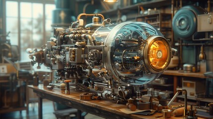 Obraz premium A detailed steampunk machine in a workshop, featuring metal gears, pipes, and glowing elements. Perfect for themes of industry and creativity.