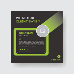 Client or Customer Testimonial Social Media Post Design. Customer Service Feedback Review Post with Green and Black Color Accent.