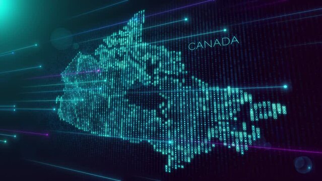Abstract Futuristic Motion View Blue Violet Shiny Perspective Square Hud Particles Mosaic Grid And Text Of Faint Administrative Canada Map With Dotted Lines Light Flare, Seamless Loop